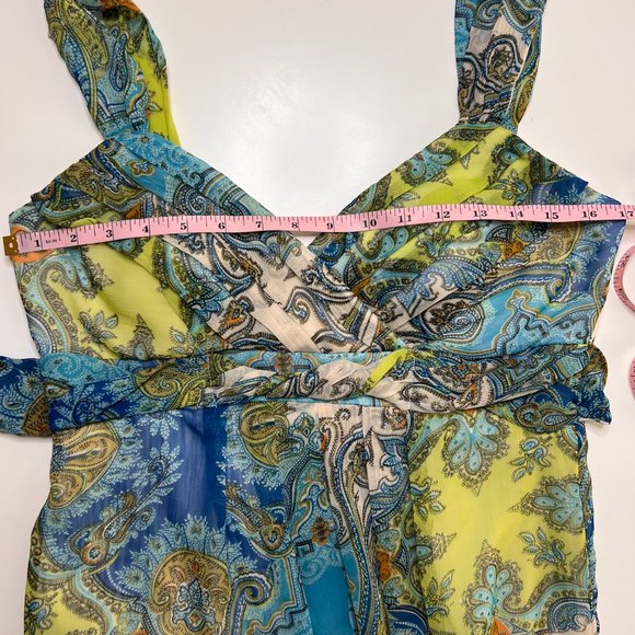 ROULETTE Womens 8 Blue Green Yellow Paisley Sleeveless Accent Tie Back Zip Dress - Picture 8 of 9